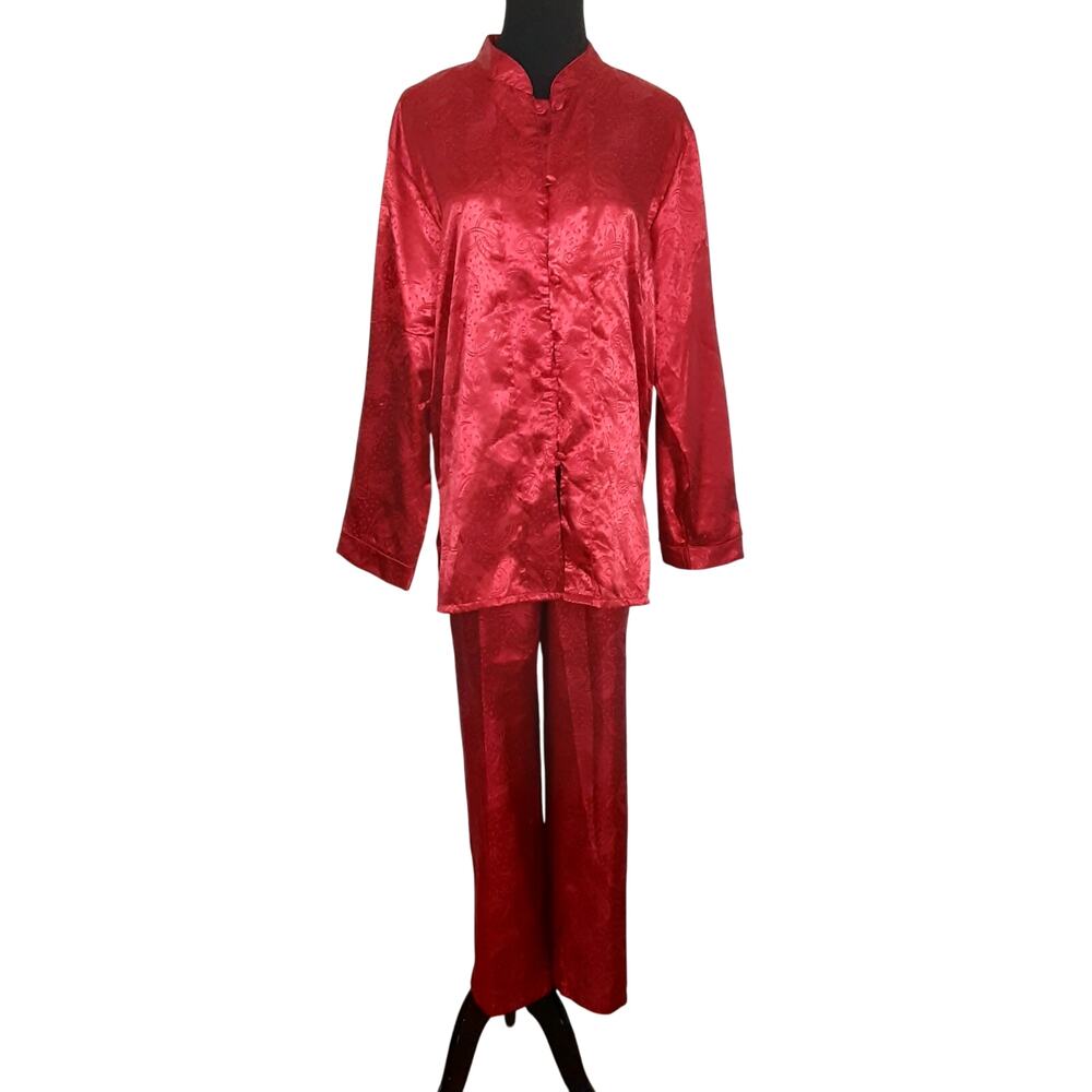 Vintage 80s Pajama Set Red Satin Mandarin Collar Long Sleeve Lounge Wear Women M